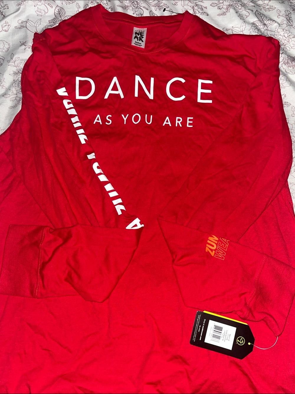 Zumba Fitness Red Long Sleeve Shirt with White "DANCE AS YOU ARE" Print